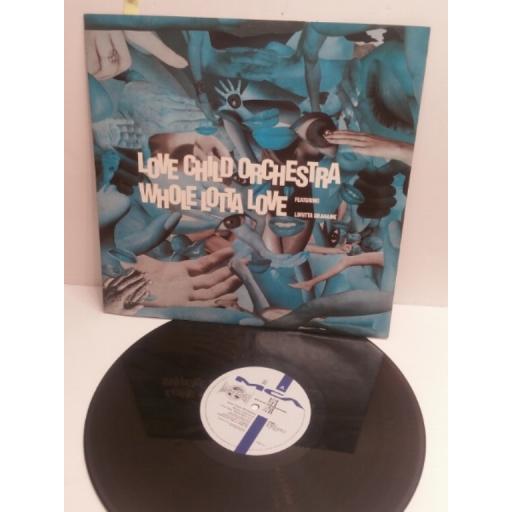 LOVE CHILD ORCHESTRA whole lotta love ( the new testament) remixed by EMILIO PASQUEZ FEATURING LORITTA GRAHAME. HYMNX1. PRODUCED BY PETER GABRIEL 3TRACK 12" BLUE COLOURED PICTURE SLEEVE VINYL