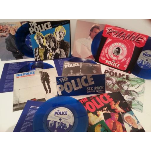 THE POLICE six pack, 6 x 7" singles, AMPP 6001, includes roxanne, so lonely, can't stand losing you, message in a bottle, walking on the moon, the bed's too big without you, limited edition blue vinyl