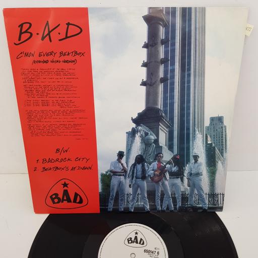 BIG AUDIO DYNAMITE - C'mon Every Beatbox, B side - Badrock City, Beatbox's At Dawn. 12 inch single, 650147 6, black/white label