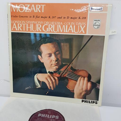 ARTHUR GRUMIAUX, LONDON SYMPHONY ORCHESTRA, COLIN DAVIS, MOZART - Violin Concertos in B flat major K.207 and in D major K.218, 12 inch LP, reissue. 835 136 AY, red label with silver font