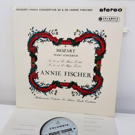 MOZART, ANNIE FISCHER, PHILHARMONIA ORCHESTRA, SIR ADRIAN BOULT - Piano Concertos No.20 in D minor K.466/No.23 in A major K.488, 12 inch LP, SAX 2335, turquoise/silver hatched label - 1st press