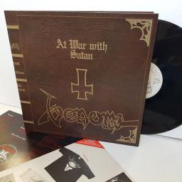 VENOM at war with Satan. Silver ON WHITE LABEL., embossed sleeve with LYRICS & MERCH' FLYER. NEAT1015 12" vinyl LP.