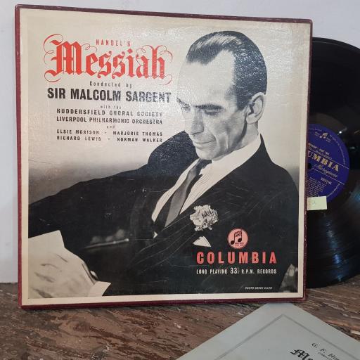1st PRESS 1959 MONO. . HANDEL CONDUCTED BY SIR MALCOM SARGENT WITH HUDDERSFIELD CHORAL SOCIETY, LIVERPOOL PHILHARMONIC ORCHESTRA AND ELISE MORISON, MARJORIE THOMAS, RICHARD LEWIS, NORMAN WALKER Messiah, 3x 12" vinyl LP . 33CX11468.
