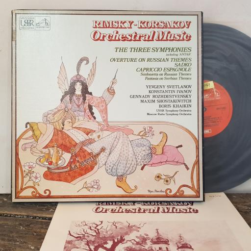 RIMSKY-KORSAKOV, YEVGENI SVETLANOV, KONSTANTIN IVANOV, GENNADY ROZHDESTVENSKY, MAXIM SCHOSTAKOVICH, BORIS KHAIKIN, USSR SYMPHONY ORCHESTRA, MOSCOW RADIO SYMPHONY ORCHESTRA Orchestral music, 3x 12" vinyl LP. SLS5150.