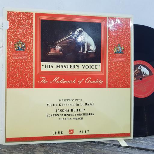 BEETHOVEN, JASCHA HEIFETZ, BOSTON SYMPHONY ORCHESTRA, CHARLES MUNCH Violin concerto in D, op.61, 12" vinyl LP. ALP1437.