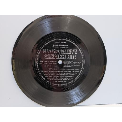 ELVIS PRESLEY Brian matthew introduces excerpts from elvis presley's greatest hits, reader's digest free audition disc, 7" flexi-disc SINGLE. RDELC785 6S