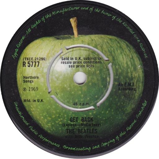 THE BEATLES - Get Back, "BILLY PRESTON" CREDIT ON LABEL, 7"single, R 5777