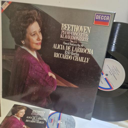 BEETHOVEN, ALICIA DE LARROCHA, RSO BERLIN Piano Concertos = Klavierkonzerte Nos. 1-5 / Choral Fantasy, Op.80 3x12" vinyl LP set. 414391-1