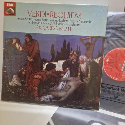 VERDI, RENATA SCOTTO, AGNES BALTSA, VERIANO LUCHETTI, EVGENY NESTERENKO, AMBROSIAN CHROUS, PHILHARMONIA ORCHESTRA, RICCARDO MUTI, Requiem, SLS 5185, 2x Vinyl Box Set