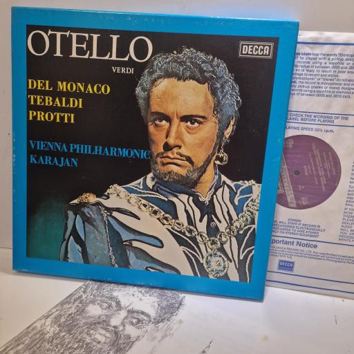 HERBERT VON KARAJAN, GIUSEPPE VERDI, MARIO DEL MONACO, RENATA TEBALDI, ALDO PROTTI, VIENNA PHILHARMONIC ORCHESTRA Otello D55D 3 3x 12” LP