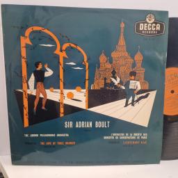 PROKOFIEV – SIR ADRIAN BOULT conducting THE LONDON PHILHARMONIC ORCHESTRA and L-ORCHESTRE DE LA SOCIÉTÉ DES CONCERTS DU CONSERVATOIRE DE PARIS The Love Of Three Oranges (Suite, Op. 33a) / Lieutenant Kijé (Suite, Op. 60) LXT 5119 12” LP