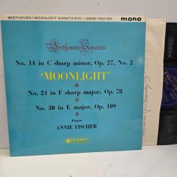 BEETHOVEN ANNIE FISCHER Beethoven Sonatas: No 14 in C Sharp Minor, Op 27, No 2 'Moonlight'; No 24 in F Sharp Major, Op 78; No 30 in E Major, Op 109 33CX 1675 12” LP
