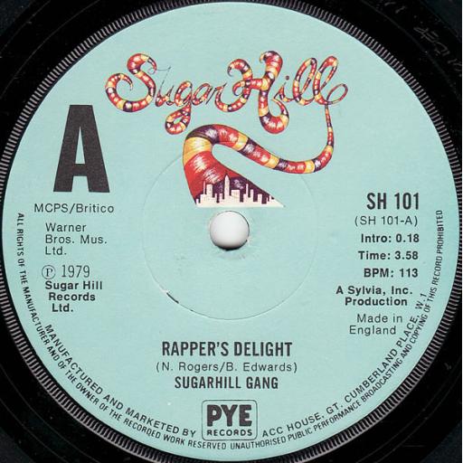 SUGARHILL GANG, rapper's delight, B side rapper's delight, SH 101, 7" single